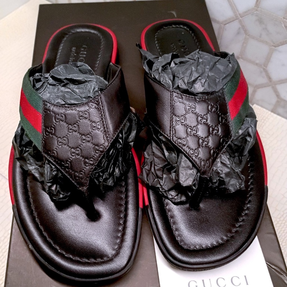 Brand New Unused Rare Gucci Leather Thong Slide 'Black' 268670 A9LA0 1061 (G8.5)